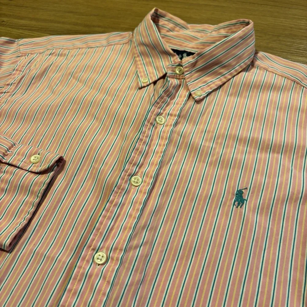 Polo Ralph Lauren Classic Fit MENS LARGE Button Up Shirt Pony Pink Blue Stripes